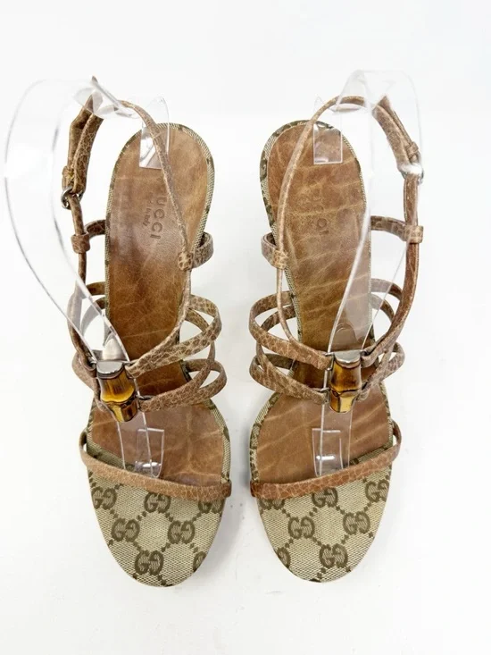 Gucci Bamboo GG Canvas Platform Sandals Heels Womens Size EU 38.5 - Picture 2 of 12